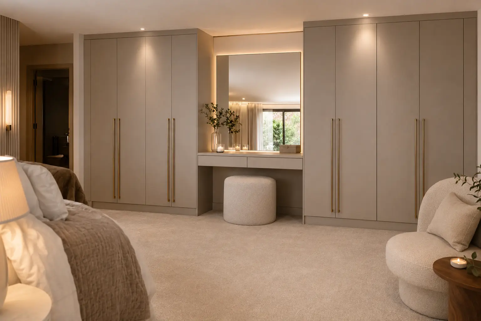 Cashmere fitted wardrobes in a warm, luxurious bedroom